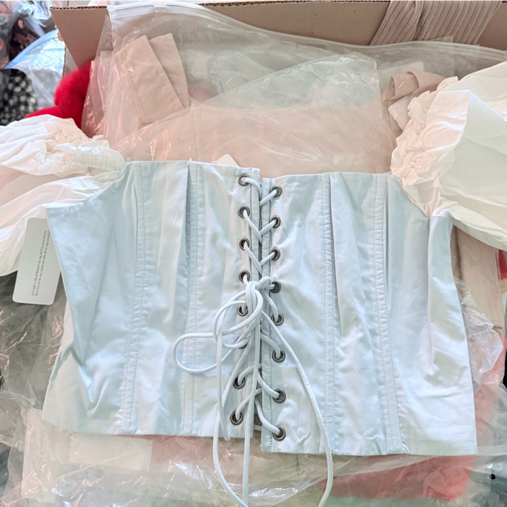 Selkie White / blue Corset Top with Lace-Up Detail
